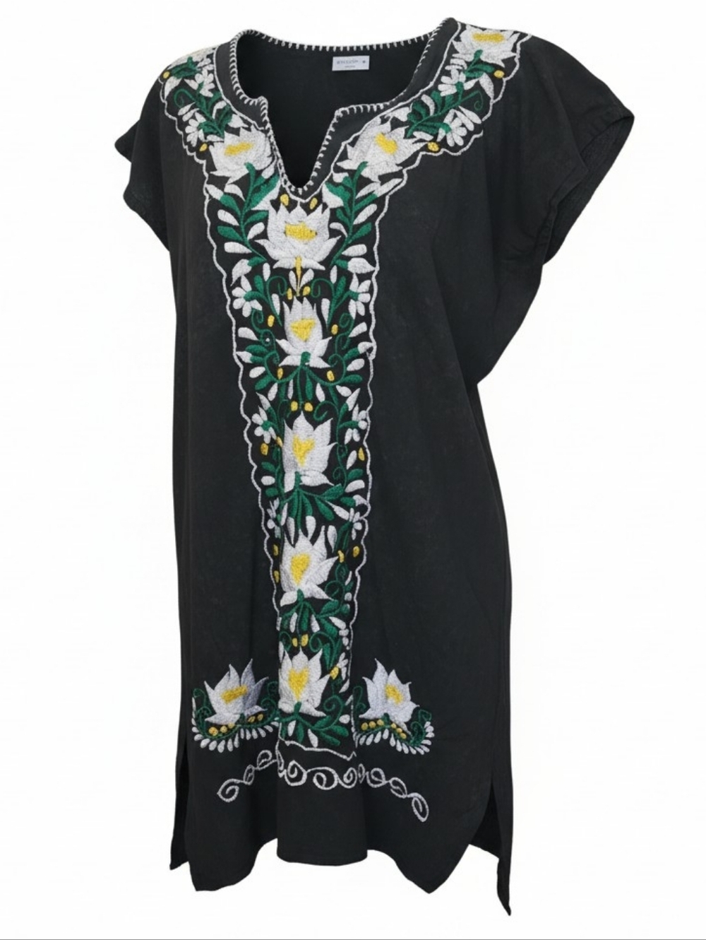 Vtg 70s Embroidered Ethnic Mexican Peasant Dress Boho Tunic L Black Lotus Resort